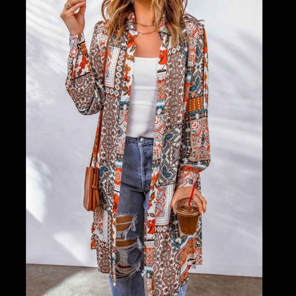 Floral Print Button Down Long Kimono Cardigan Boho Chic Loose Fit Year Round - Picture 3 of 9